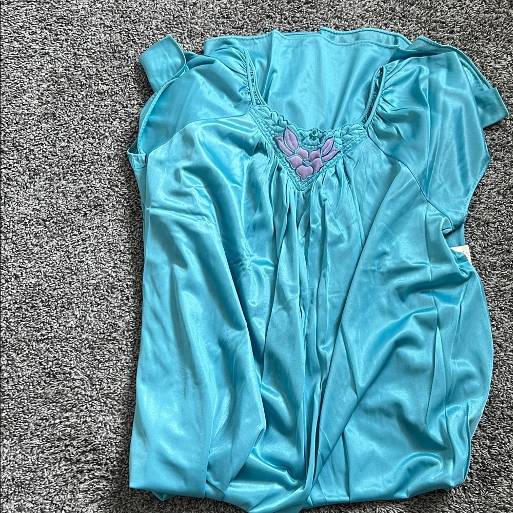 Vintage Blue Full Length Nightgown with Floral Embroidery